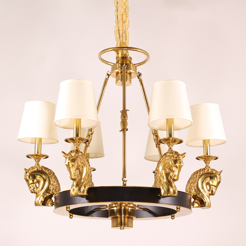 30X28 Inch 6 Lights Rococo Stype Cast Horse Head Antique Copper Chandelier Light-铜灯-Jecanoli