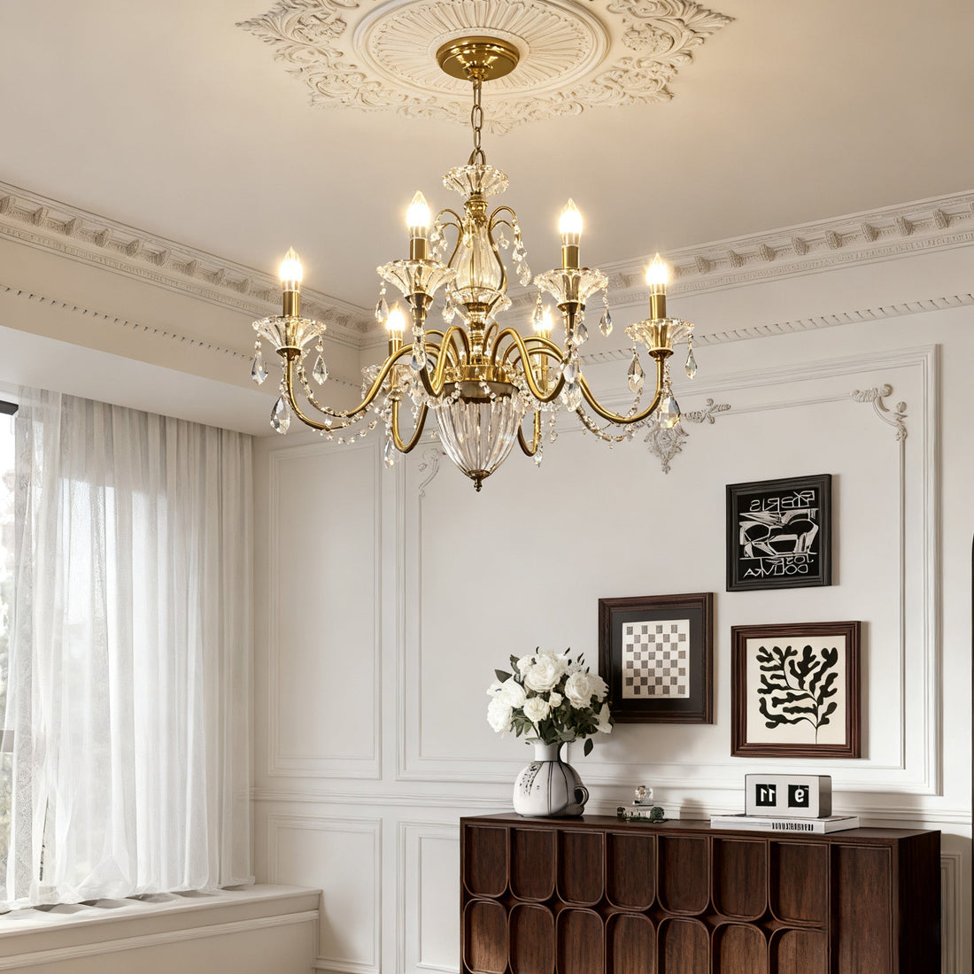 Six Brass Arms Classical Crystal Chandelier Small Gold Chandelier for Bedroom 26X26 Inch-铜灯-Jecanoli
