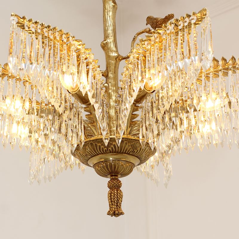 22 Inch Wide 1 Layer Small Brass Palm Tree Crystal Chandelier Light for Bedroom-铜灯-Jecanoli