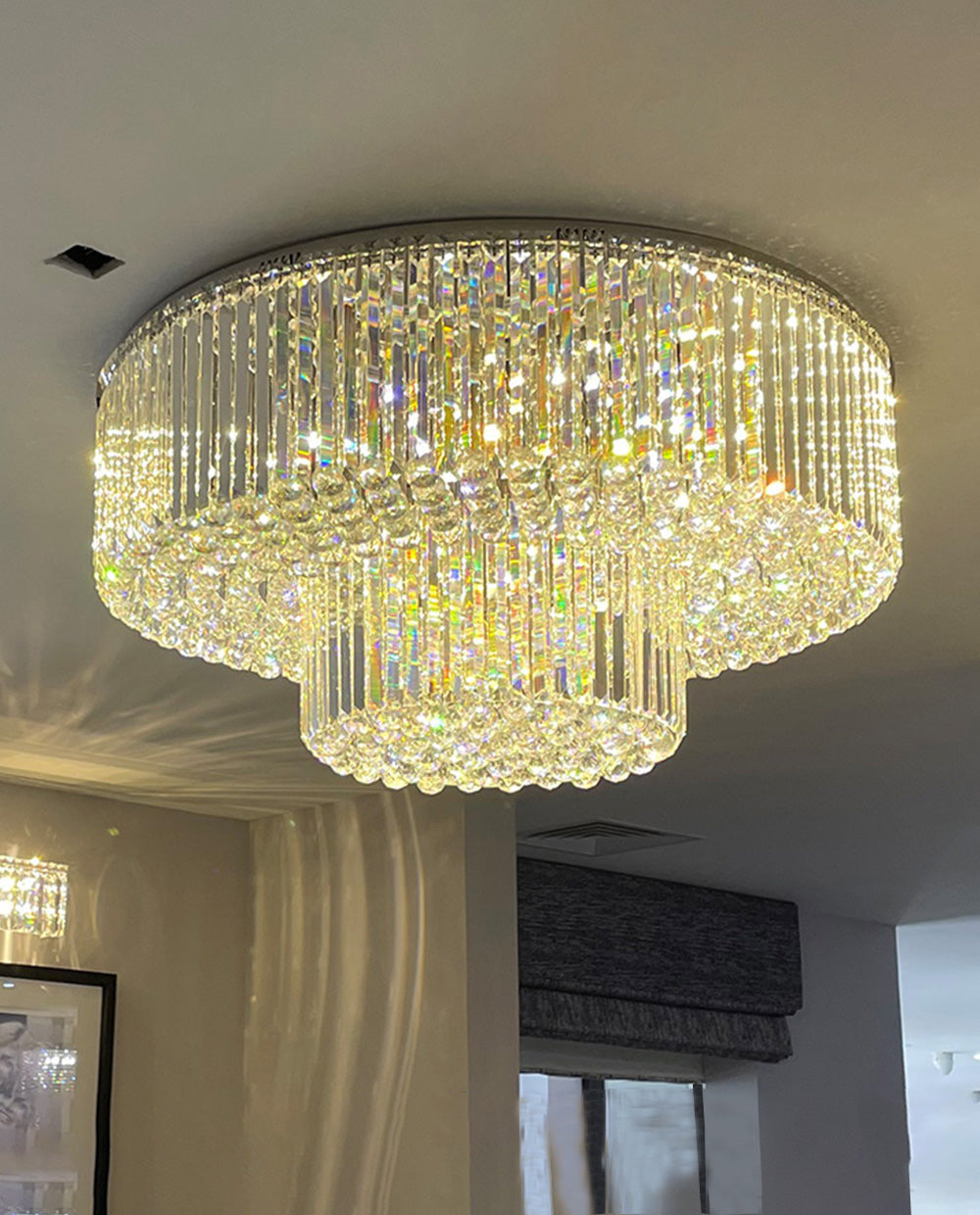 Two Layers One Meter Round Crystal Ceiling Light 39"W 20"H-大吊灯-Jecanoli