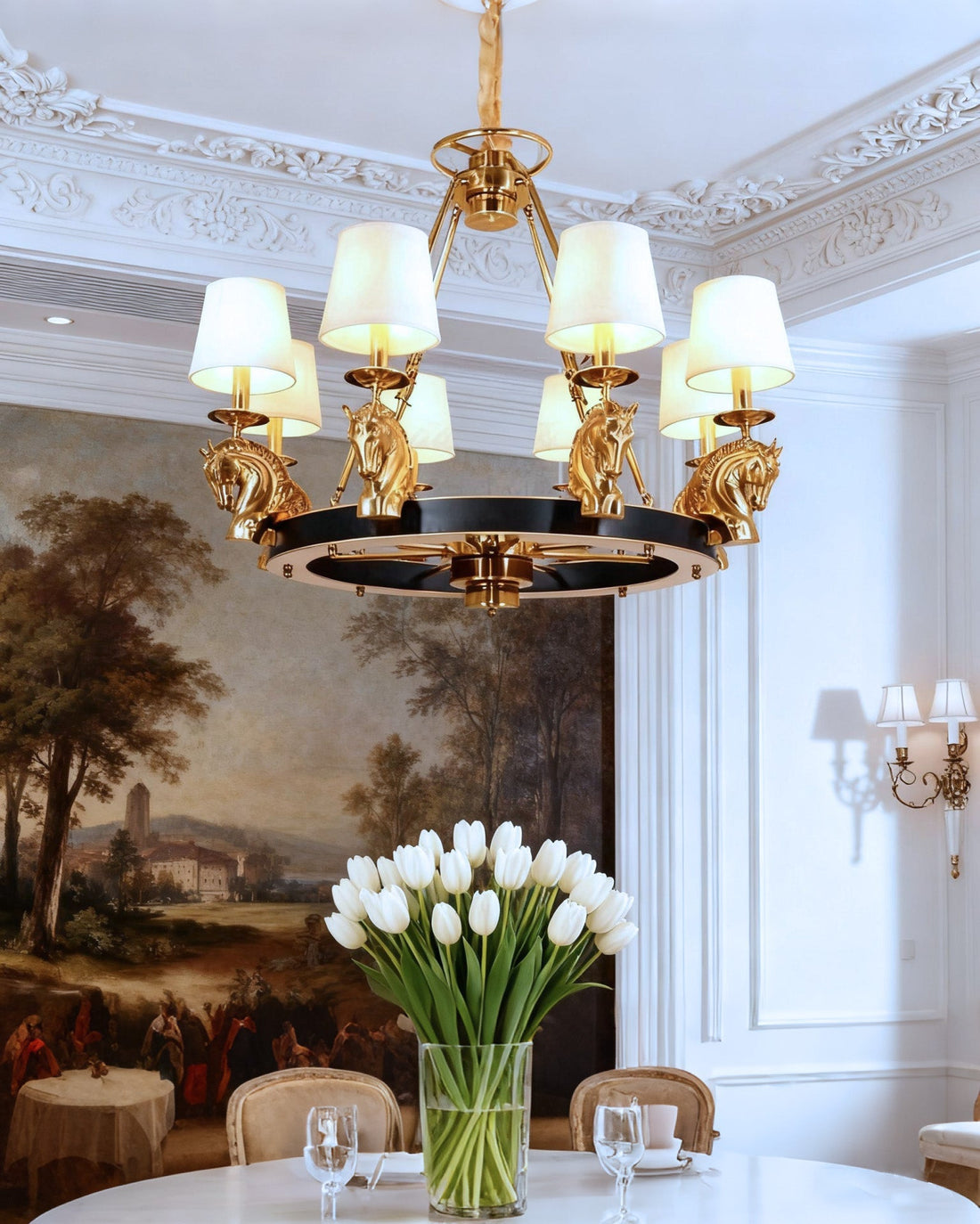 35X29 Inch 8 Lights Rococo Stype Cast Horse Head Antique Copper Chandelier Light-铜灯-Jecanoli