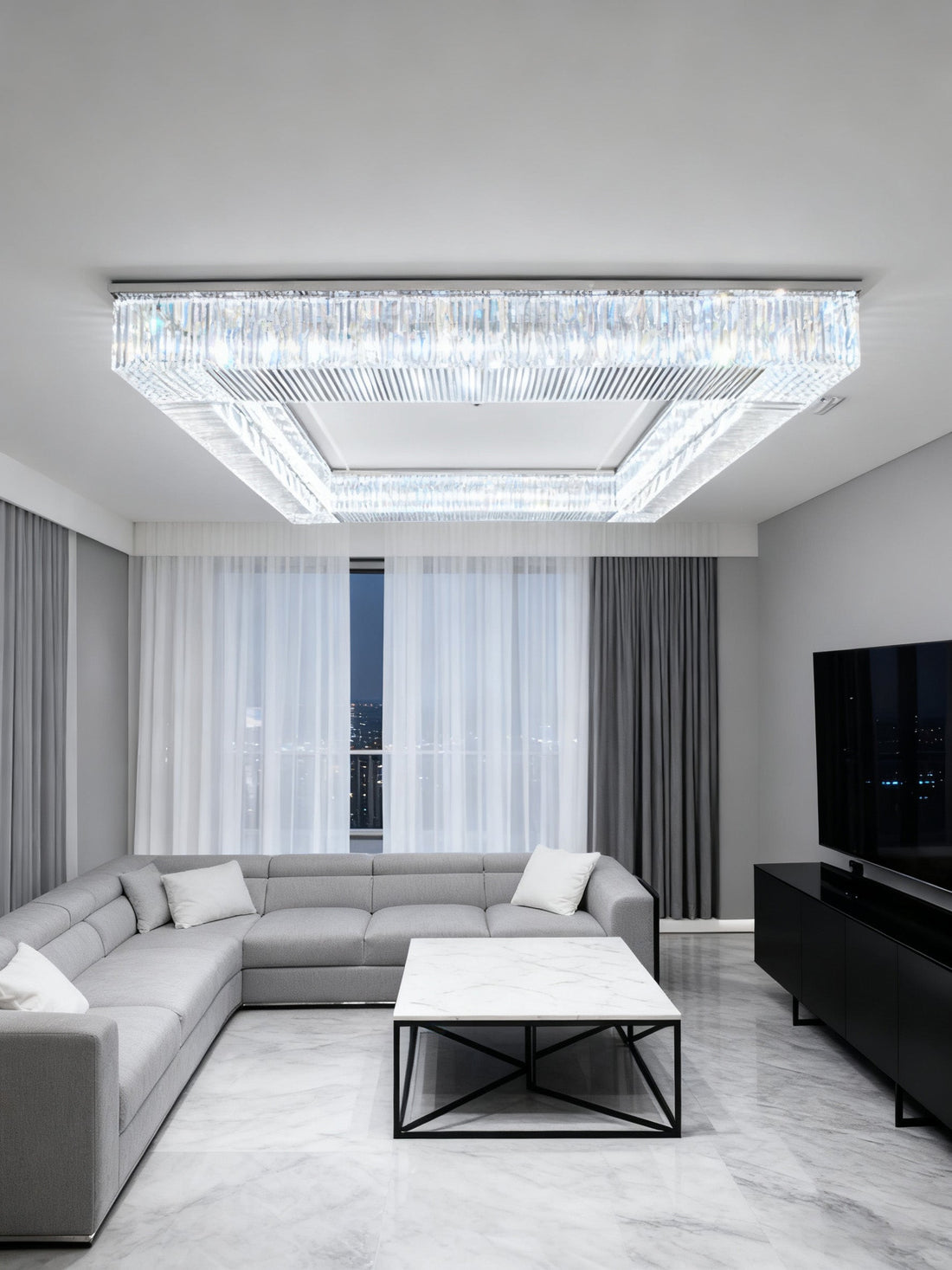 72 Inch Big Square Flush Mounted Chrome Crystal Chandelier for Living Room-吊灯-Jecanoli