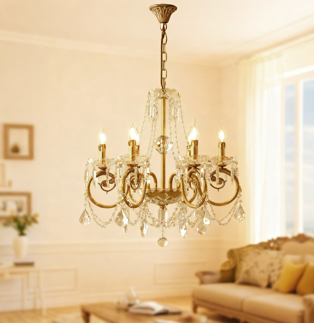 6 Lights Candle Style Small Brass and Crystal Chandelier for Bedroom-铜灯-Jecanoli