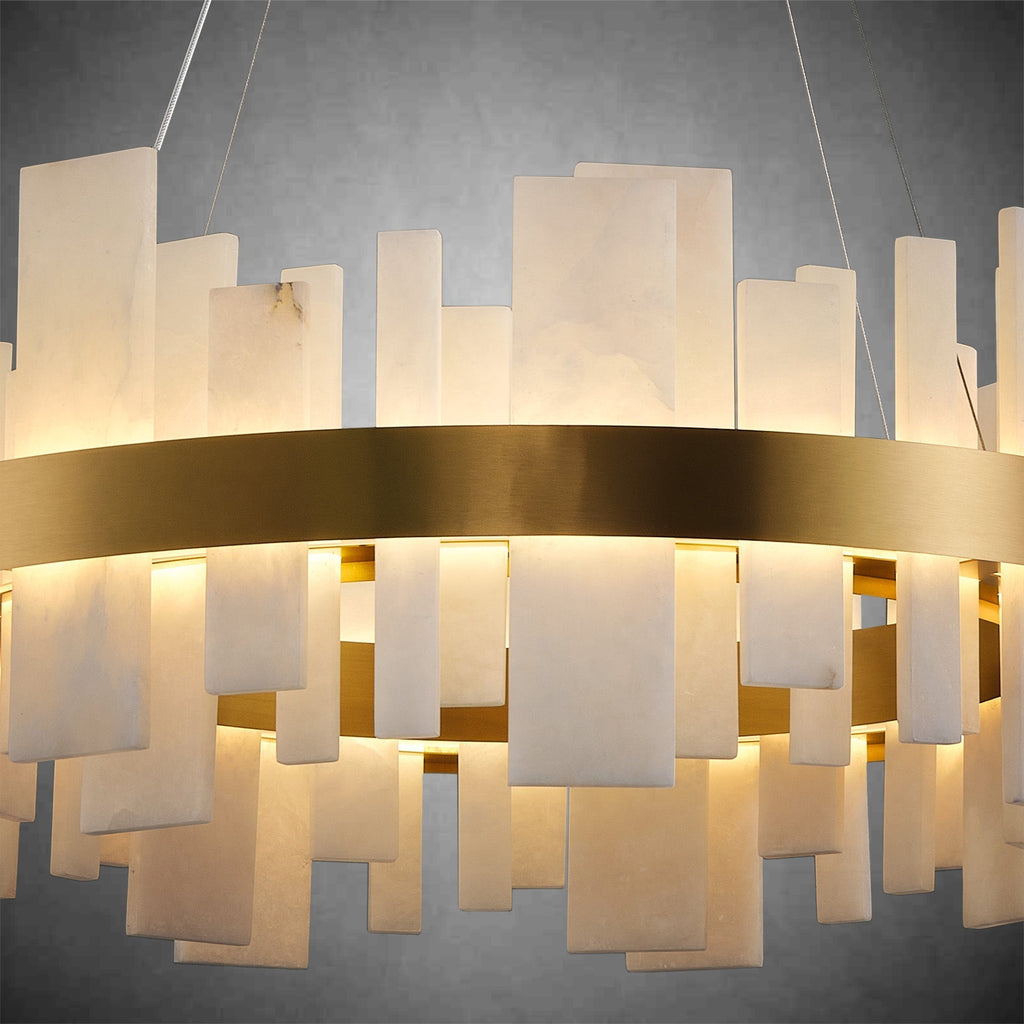 Alabaster Round Chandelier, Natural Spanish Stone Texture Chandeliers, 31.5" Adjustable Alabaster Chandelier Over Table for Living Room, Bedroom, Hallway – Modern Luxury Ceiling Lighting