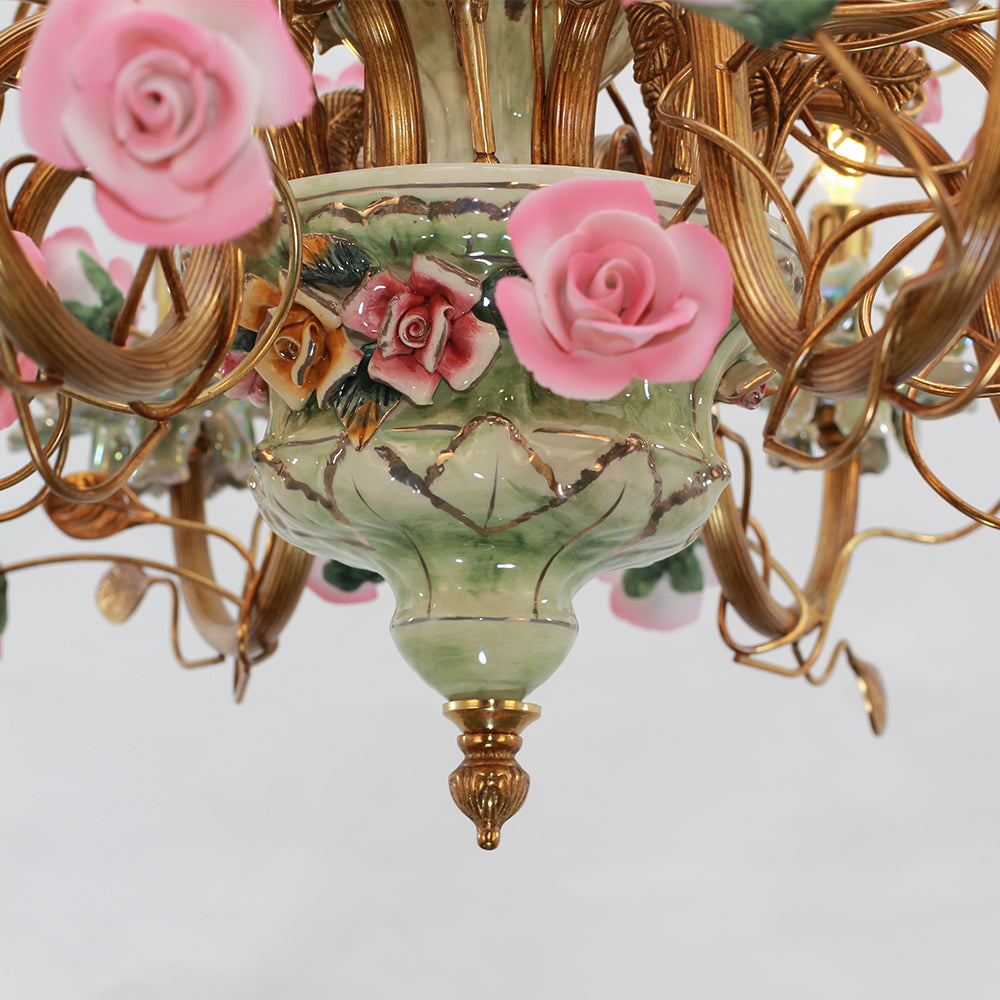 31X24 Inch 6 Lights Brass Chandelier and Green & Pink Porcelain Flower Chandelier-铜灯-Jecanoli