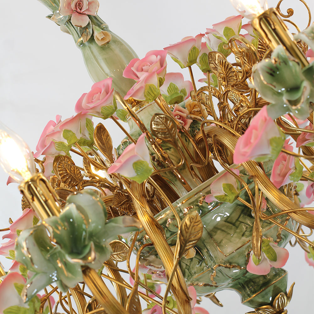 39X28 Inch 10 Lights Brass Chandelier and Green & Pink Porcelain Flower Chandelier-铜灯-Jecanoli
