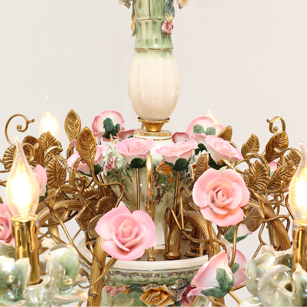35X24 Inch 8 Lights Brass Chandelier and Green & Pink Porcelain Flower Chandelier-铜灯-Jecanoli