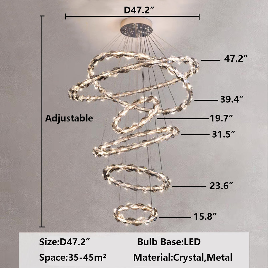6 rings D47.2" Modern Extra Large Multi-layers Ring Ceiling Crystal Chandelier For Staircase/Foyer/Hallway