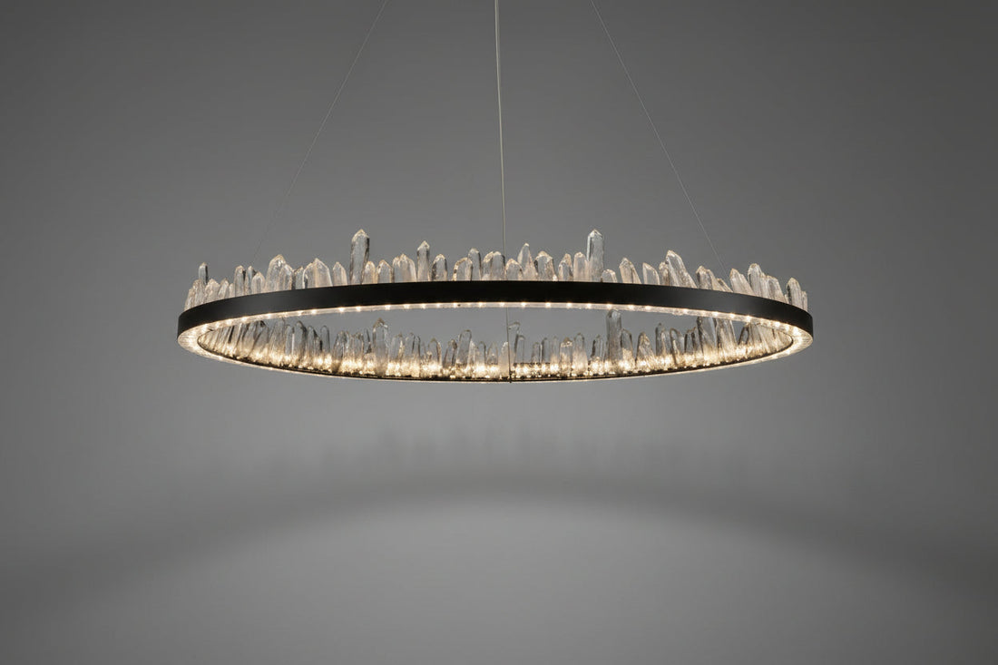 Designer 36 Inch Round Modern Chandelier Brass & Clear Geode Quartz Crystal Hanging Light-Chandelier-Jecanoli