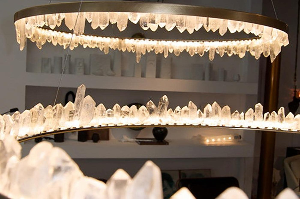 Designer 36 Inch Round Modern Chandelier Brass & Clear Geode Quartz Crystal Hanging Light-Chandelier-Jecanoli