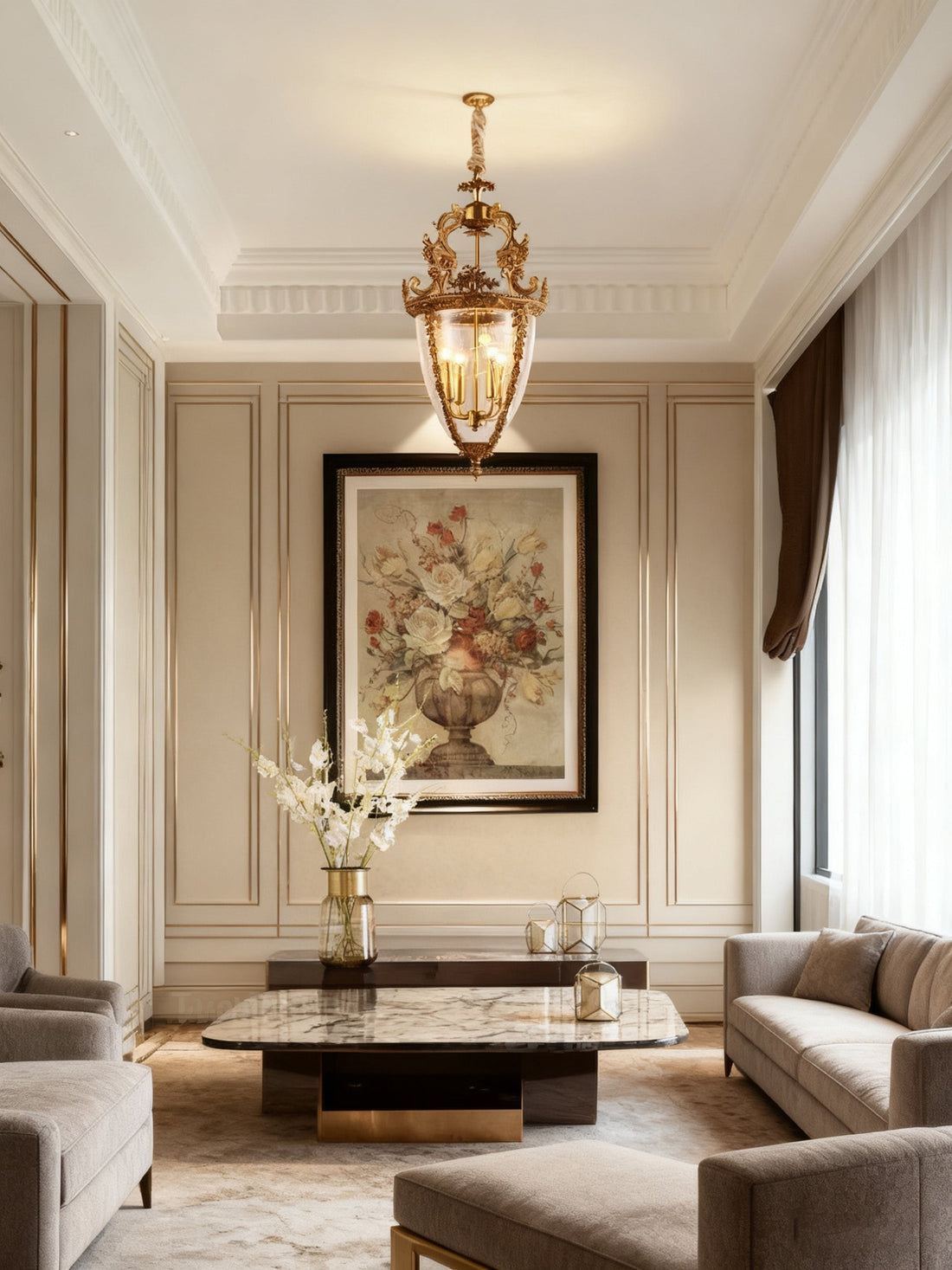 Charming 4 Lights Vintage Gold Brass Lantern Pendant Light 15X26 Inch – Perfect for Entryway Foyer Porch Hallway-铜灯-Jecanoli