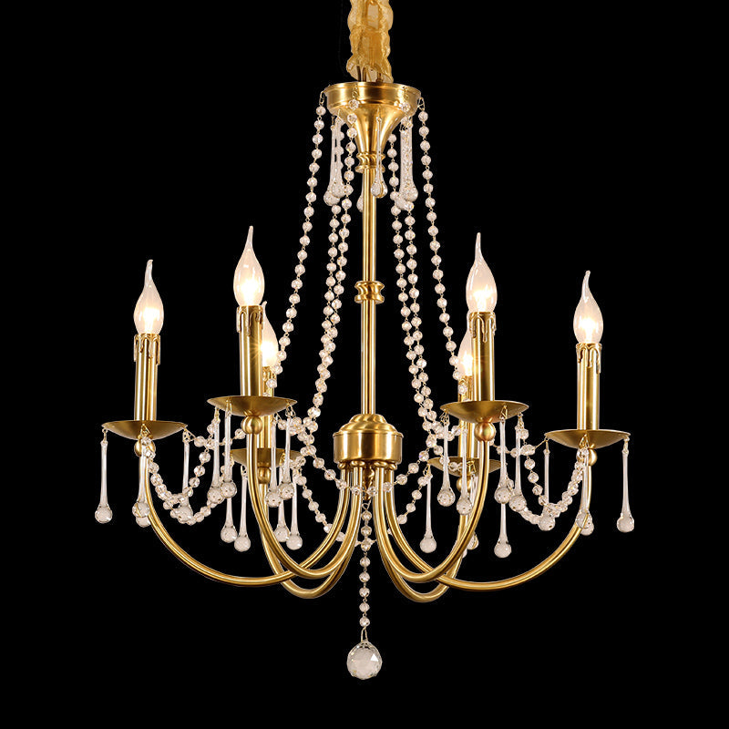 6 Lights Small Traditional Candle Style Brass and Crystal Chain Chandelier for Dining Room-铜灯-Jecanoli