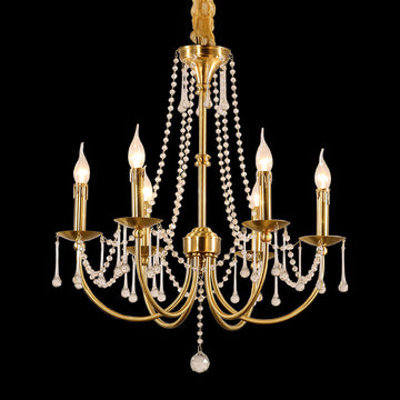 6 Lights Small Traditional Candle Style Brass and Crystal Chain Chandelier for Dining Room-铜灯-Jecanoli