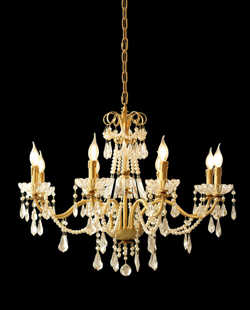 8 Lights Candle Style Small Gold Chandelier Luxury Brass Arm Chandelier with Acrylic Pearl Chains-铜灯-Jecanoli
