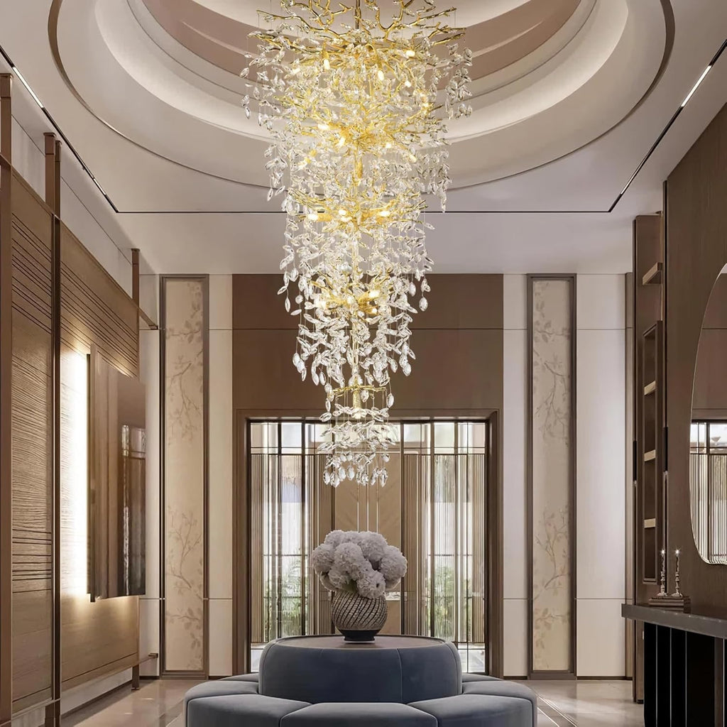 63'' Long Crystal Chandelier for High Ceiling, 28-Light Modern Gold Tree Branch Chandelier, Large Chandeliers for Foyer Entryway Staircase Living Room, 5-Tier Luxury K9 Crystal Raindrop Light Fixture