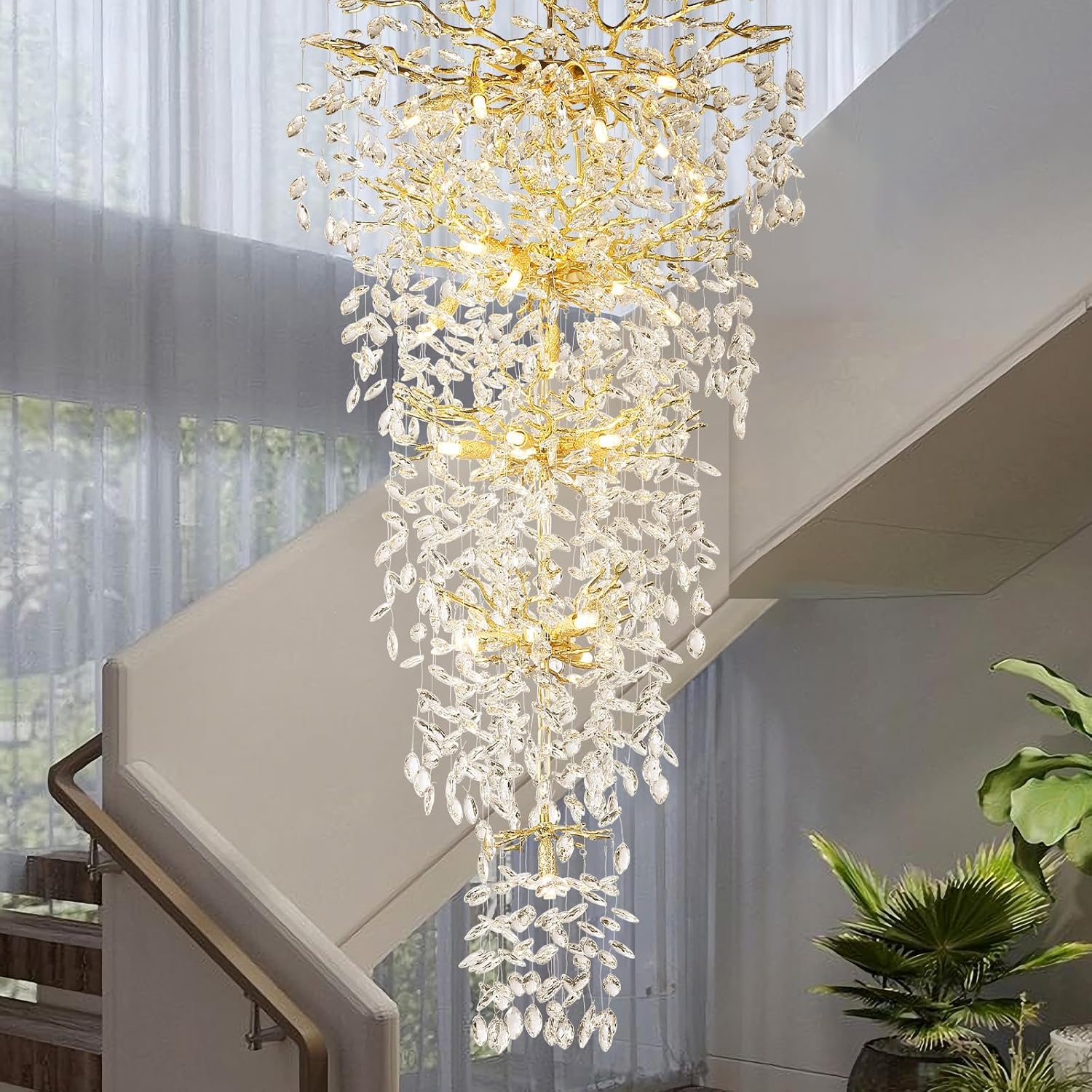 63'' Long Crystal Chandelier for High Ceiling, 28-Light Modern Gold Tree Branch Chandelier, Large Chandeliers for Foyer Entryway Staircase Living Room, 5-Tier Luxury K9 Crystal Raindrop Light Fixture
