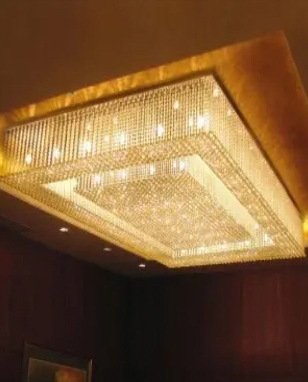Custom Made Huge Rectangle Flush Mounted Gold Crystal Chandelier for Low Ceiling-大吊灯-Jecanoli