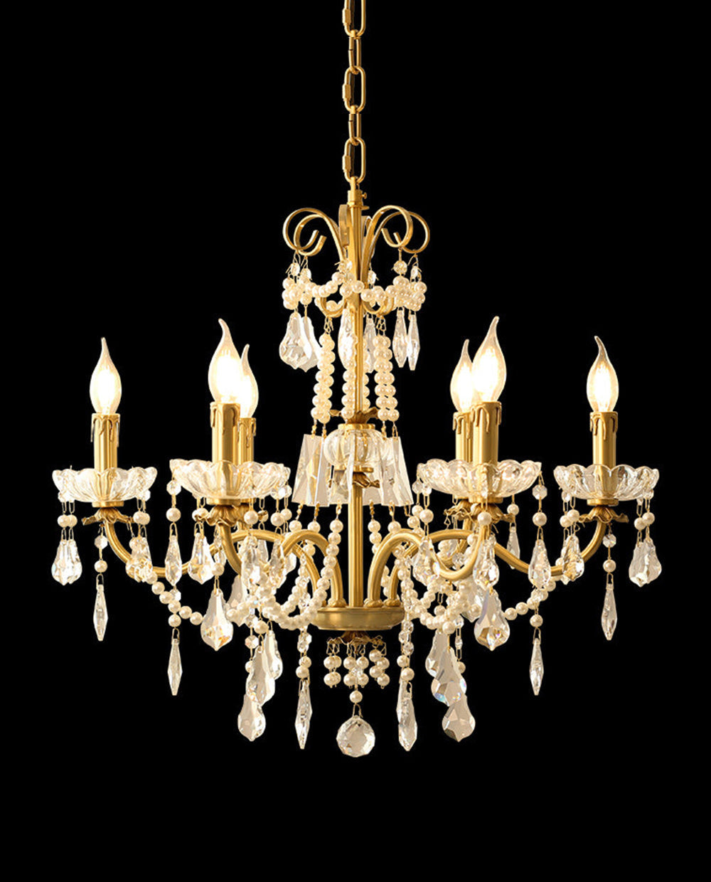 6 Lights Candle Style Small Gold Chandelier Luxury Brass Arm Chandelier with Acrylic Pearl Chains-铜灯-Jecanoli