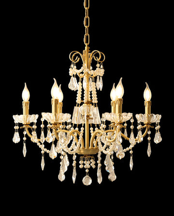 6 Lights Candle Style Small Gold Chandelier Luxury Brass Arm Chandelier with Acrylic Pearl Chains-铜灯-Jecanoli