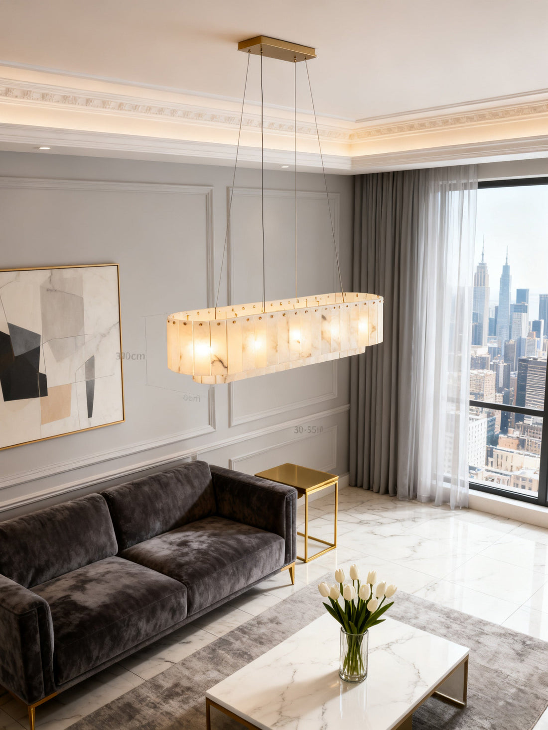 40 Inch Two-tier Linear Alabaster Chandelier Lighting for Dining Room-现代灯-Jecanoli