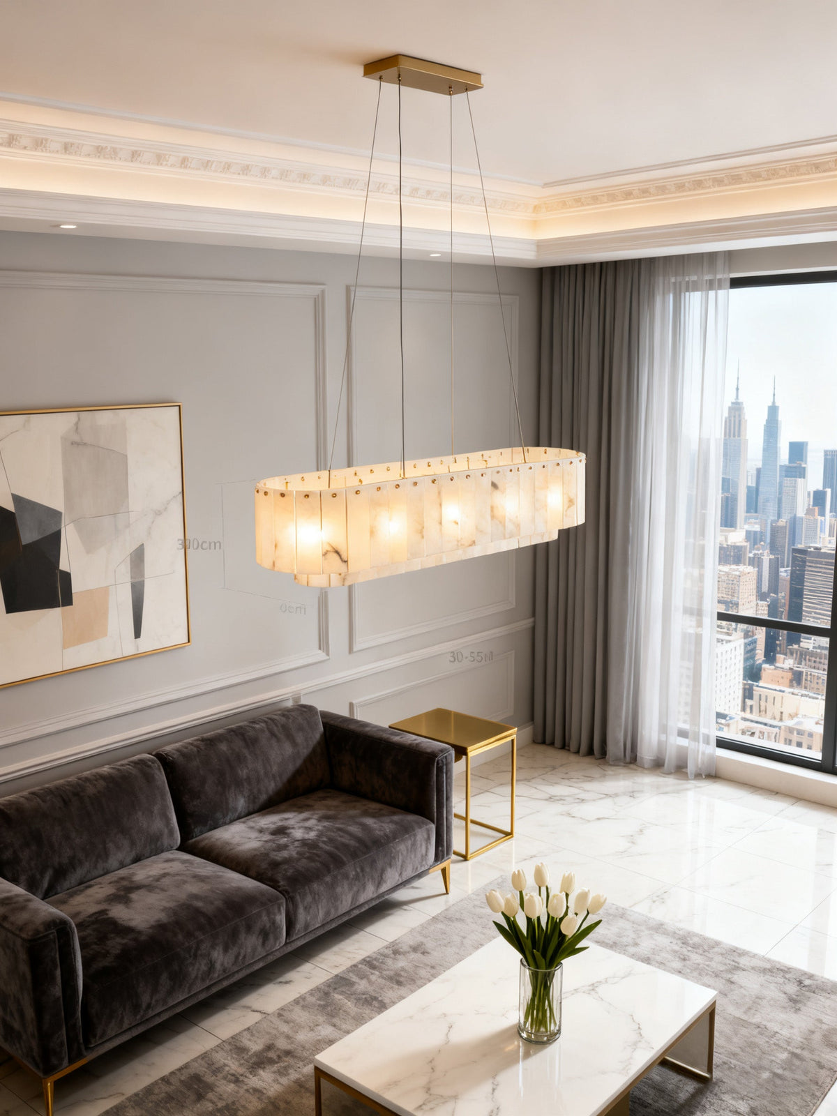 40 Inch Two-tier Linear Alabaster Chandelier Lighting for Dining Room-现代灯-Jecanoli