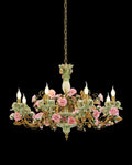 35X24 Inch 8 Lights Brass Chandelier and Green & Pink Porcelain Flower Chandelier-铜灯-Jecanoli