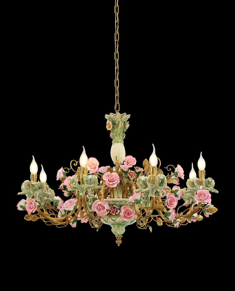 35X24 Inch 8 Lights Brass Chandelier and Green & Pink Porcelain Flower Chandelier-铜灯-Jecanoli