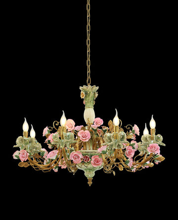 35X24 Inch 8 Lights Brass Chandelier and Green & Pink Porcelain Flower Chandelier-铜灯-Jecanoli