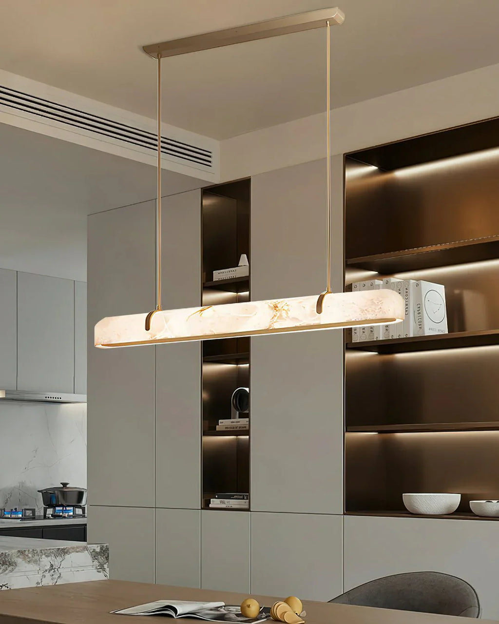 Elegant Alabaster Linear Brass Chandelier with LED Glow