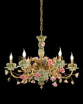 31X24 Inch 6 Lights Brass Chandelier and Green & Pink Porcelain Flower Chandelier-铜灯-Jecanoli