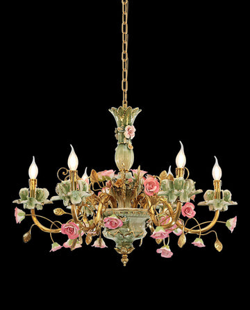 31X24 Inch 6 Lights Brass Chandelier and Green & Pink Porcelain Flower Chandelier-铜灯-Jecanoli