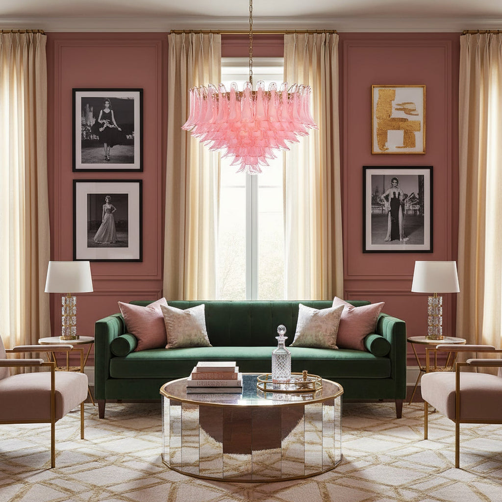 Gold & Pink Barcelona Murano Chandelier with 16 E14 Bulbs