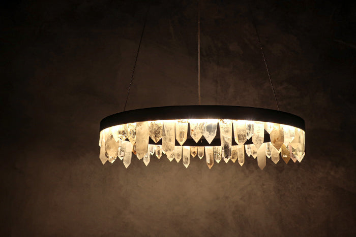 Designer 36 Inch Round Modern Chandelier Brass & Clear Geode Quartz Crystal Hanging Light-Chandelier-Jecanoli