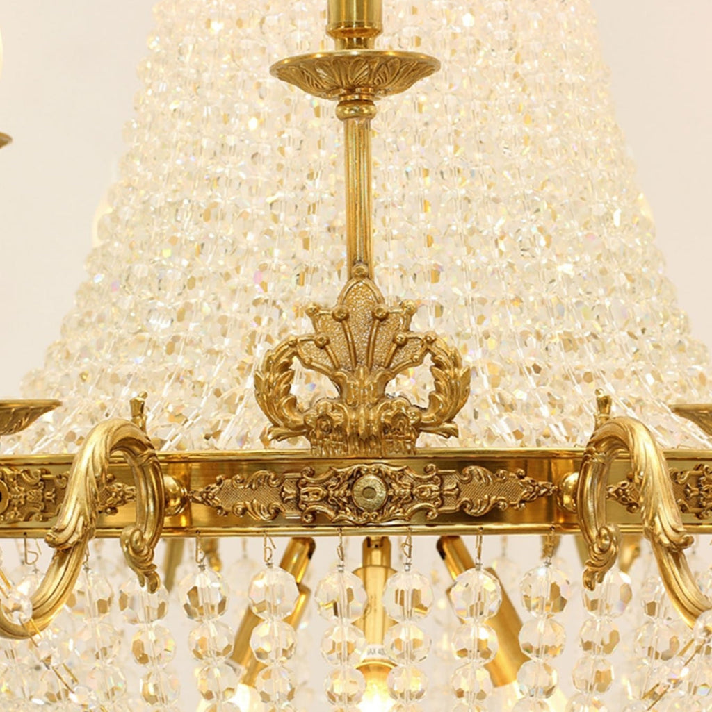 8/12/15 Lights Decorative Empire Brass Candles Crystal Chandelier Romantic Foyer Living Room Ceiling Light Fixture in Pure Copper Finish