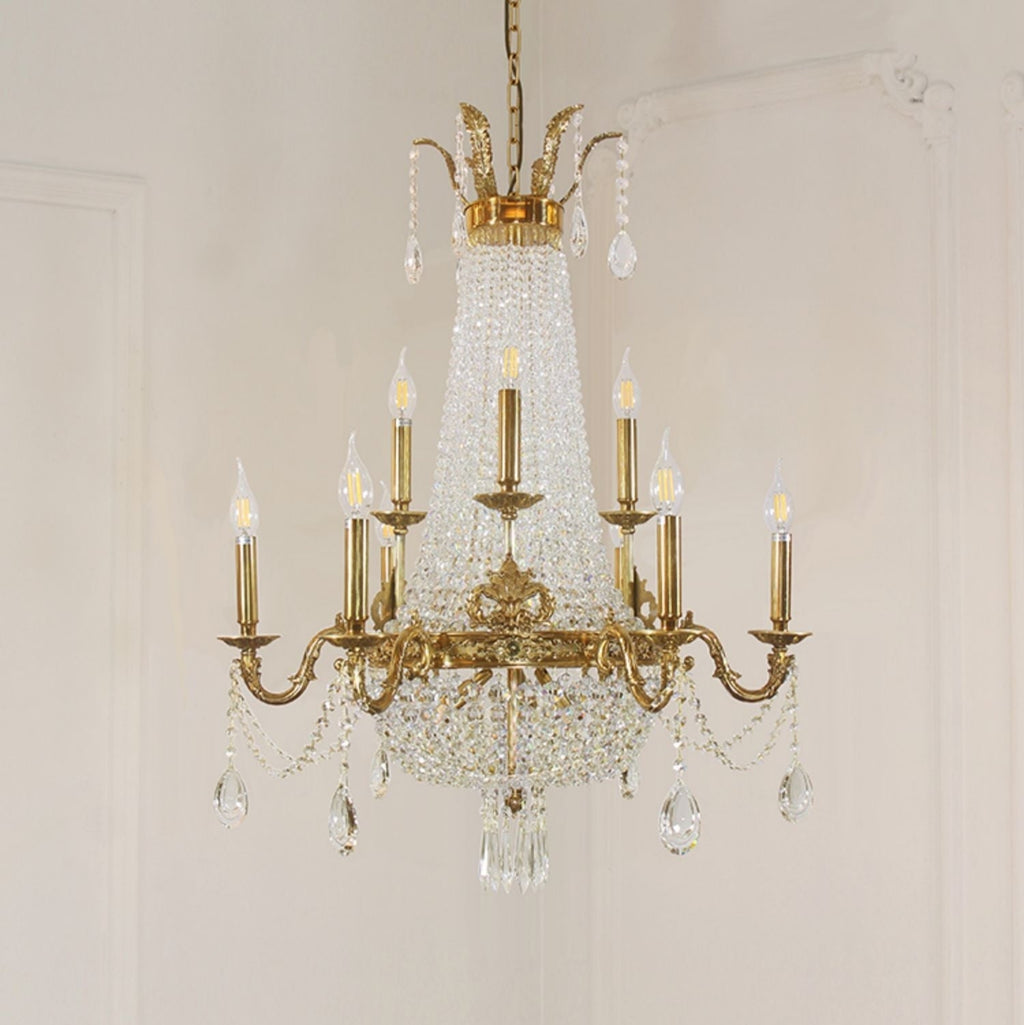 8/12/15 Lights Decorative Empire Brass Candles Crystal Chandelier Romantic Foyer Living Room Ceiling Light Fixture in Pure Copper Finish