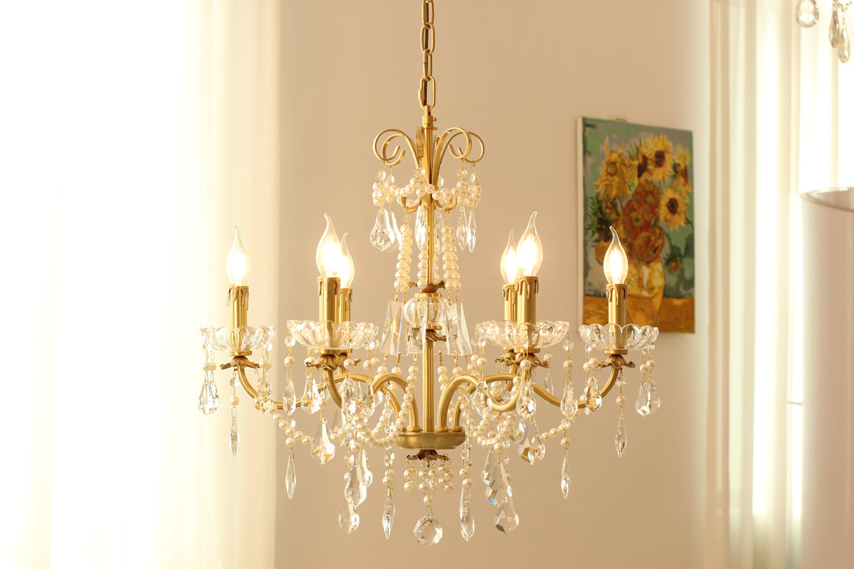 6 Lights Candle Style Small Gold Chandelier Luxury Brass Arm Chandelier with Acrylic Pearl Chains-铜灯-Jecanoli