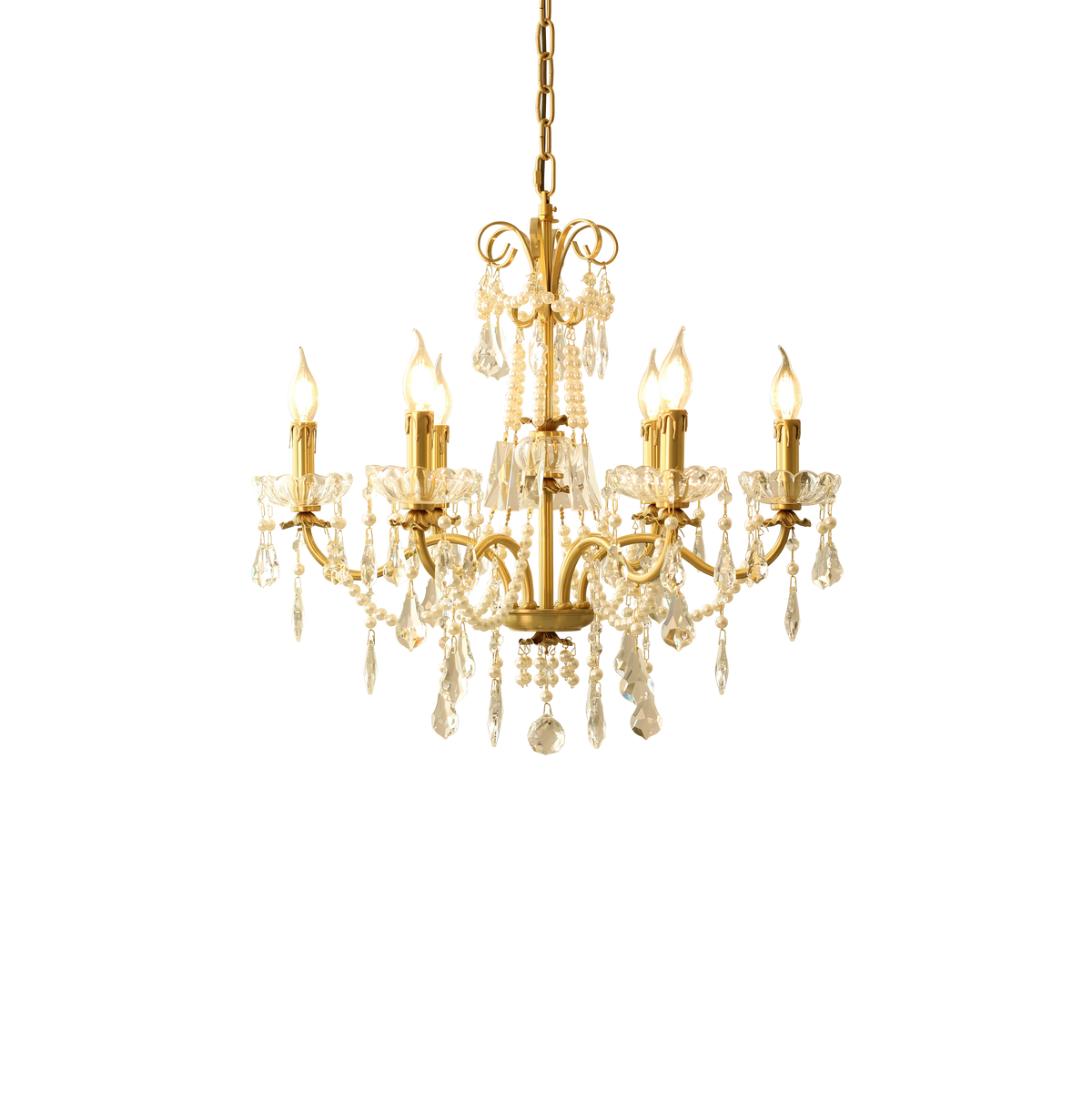 6 Lights Candle Style Small Gold Chandelier Luxury Brass Arm Chandelier with Acrylic Pearl Chains-铜灯-Jecanoli