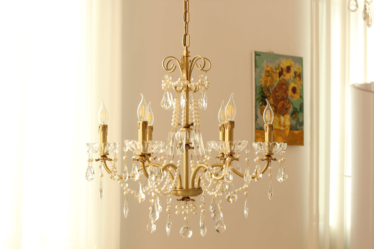 6 Lights Candle Style Small Gold Chandelier Luxury Brass Arm Chandelier with Acrylic Pearl Chains-铜灯-Jecanoli