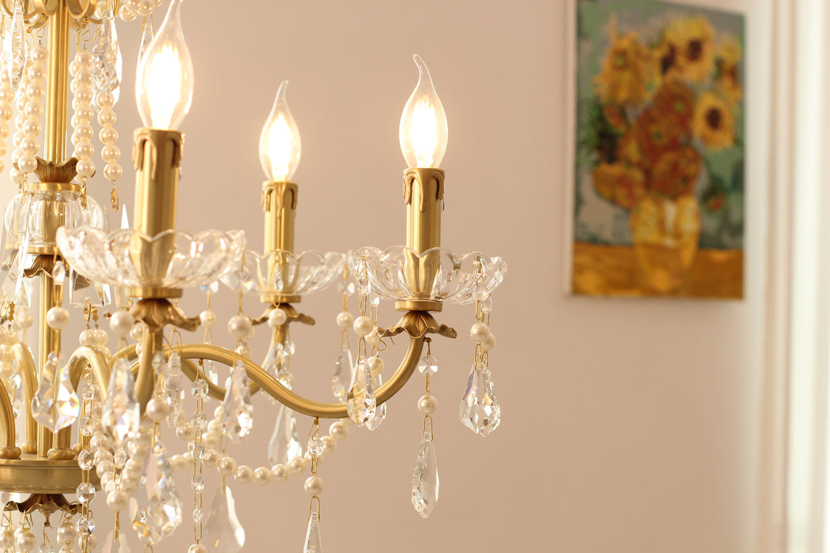 6 Lights Candle Style Small Gold Chandelier Luxury Brass Arm Chandelier with Acrylic Pearl Chains-铜灯-Jecanoli