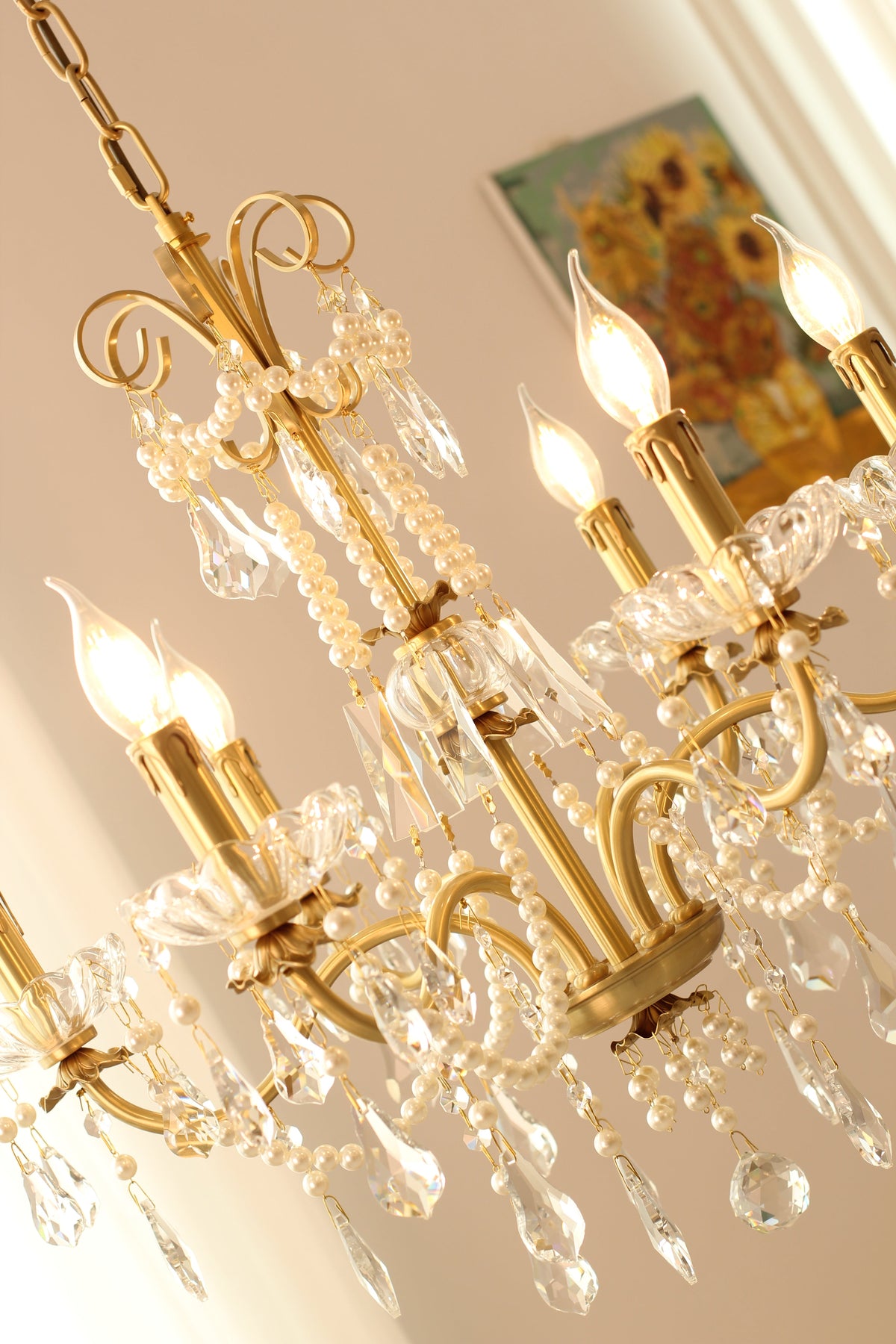 6 Lights Candle Style Small Gold Chandelier Luxury Brass Arm Chandelier with Acrylic Pearl Chains-铜灯-Jecanoli
