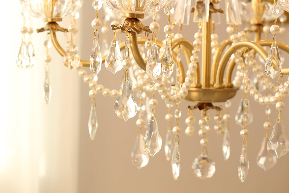 6 Lights Candle Style Small Gold Chandelier Luxury Brass Arm Chandelier with Acrylic Pearl Chains-铜灯-Jecanoli