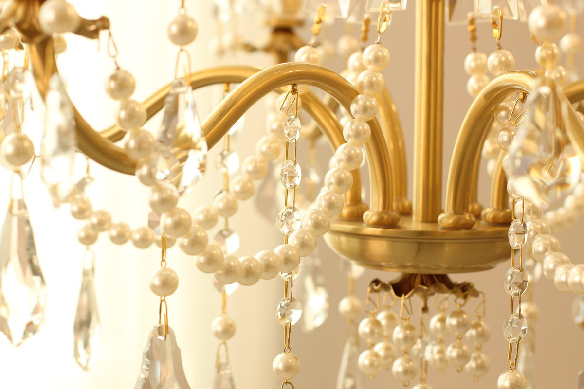 6 Lights Candle Style Small Gold Chandelier Luxury Brass Arm Chandelier with Acrylic Pearl Chains-铜灯-Jecanoli