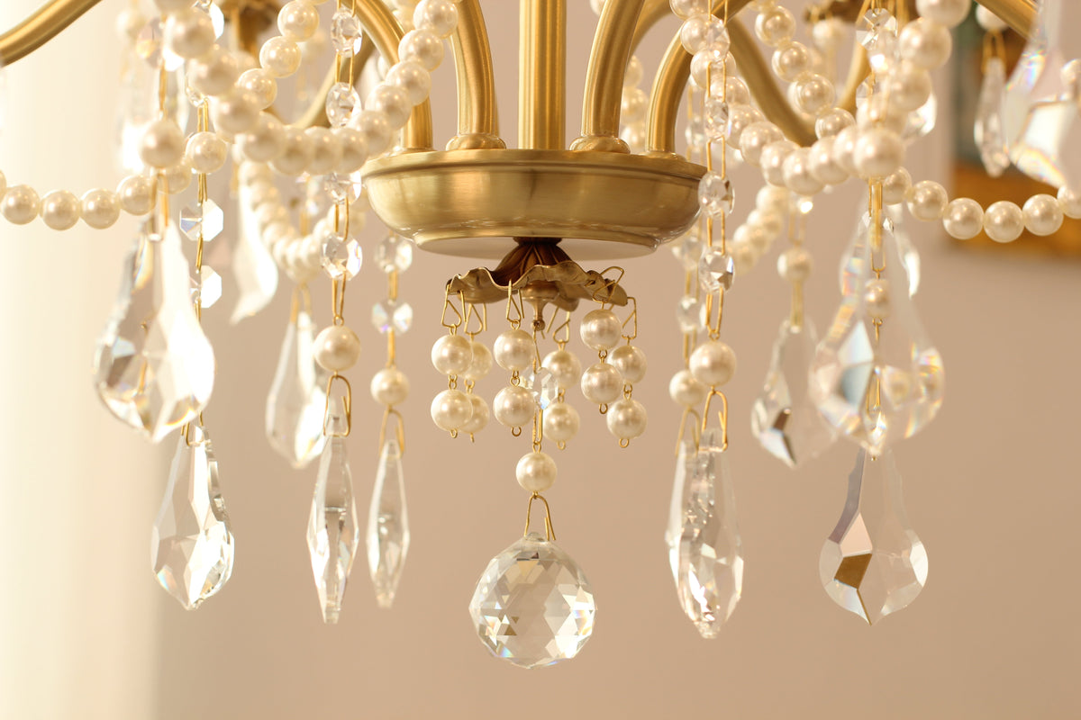 6 Lights Candle Style Small Gold Chandelier Luxury Brass Arm Chandelier with Acrylic Pearl Chains-铜灯-Jecanoli