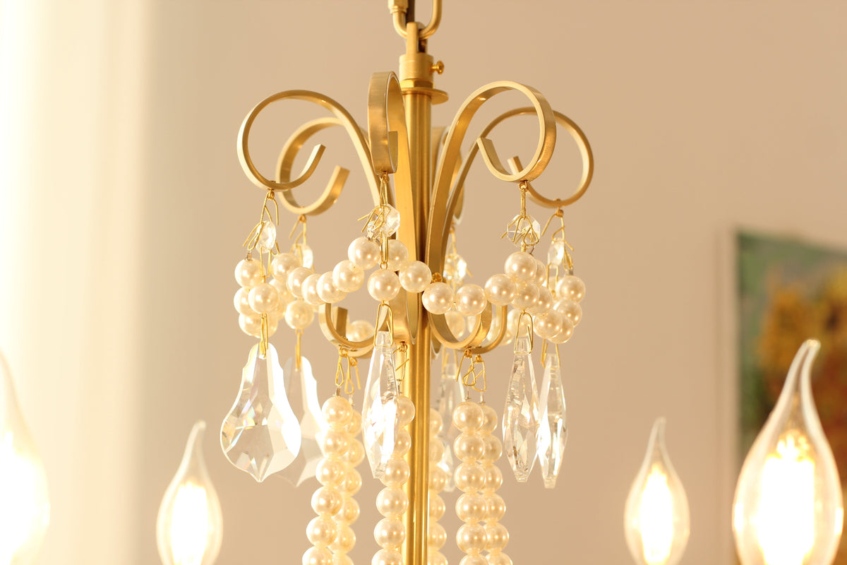 6 Lights Candle Style Small Gold Chandelier Luxury Brass Arm Chandelier with Acrylic Pearl Chains-铜灯-Jecanoli