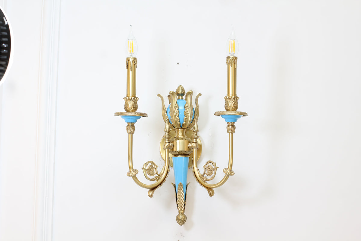 2 Lights Rococo Style Brass Wall Lamp Blue/ Pink Color-壁灯-Jecanoli