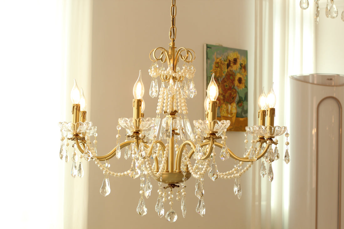 8 Lights Candle Style Small Gold Chandelier Luxury Brass Arm Chandelier with Acrylic Pearl Chains-铜灯-Jecanoli