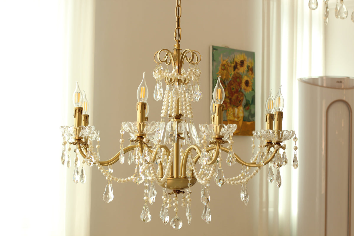 8 Lights Candle Style Small Gold Chandelier Luxury Brass Arm Chandelier with Acrylic Pearl Chains-铜灯-Jecanoli