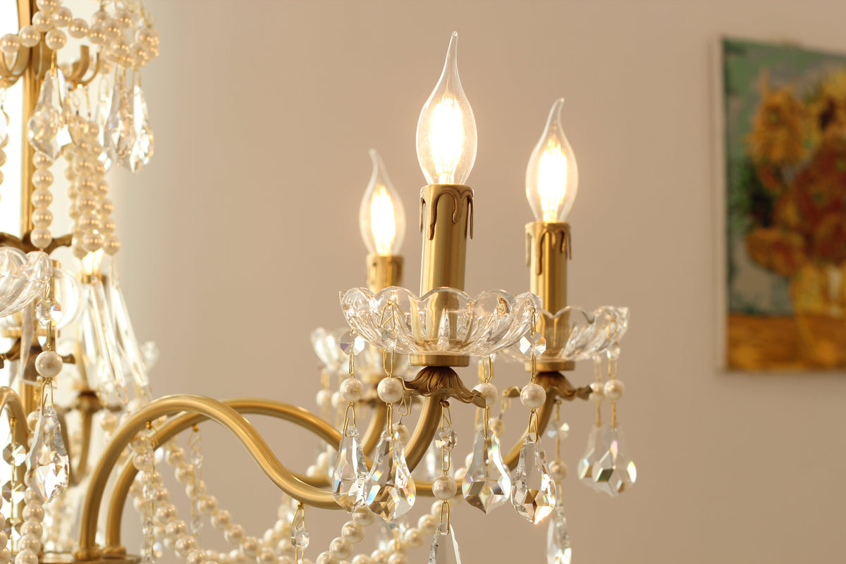 8 Lights Candle Style Small Gold Chandelier Luxury Brass Arm Chandelier with Acrylic Pearl Chains-铜灯-Jecanoli