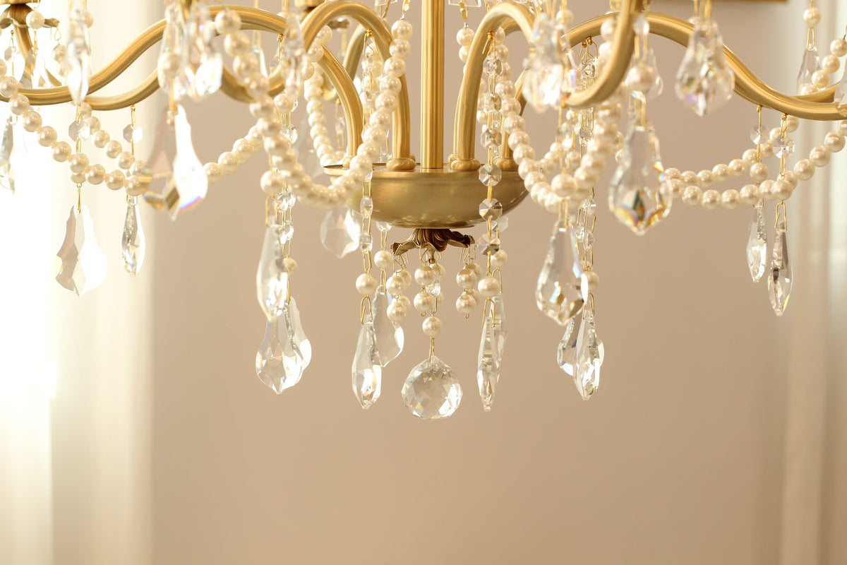 8 Lights Candle Style Small Gold Chandelier Luxury Brass Arm Chandelier with Acrylic Pearl Chains-铜灯-Jecanoli