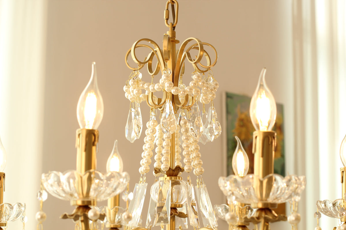 8 Lights Candle Style Small Gold Chandelier Luxury Brass Arm Chandelier with Acrylic Pearl Chains-铜灯-Jecanoli